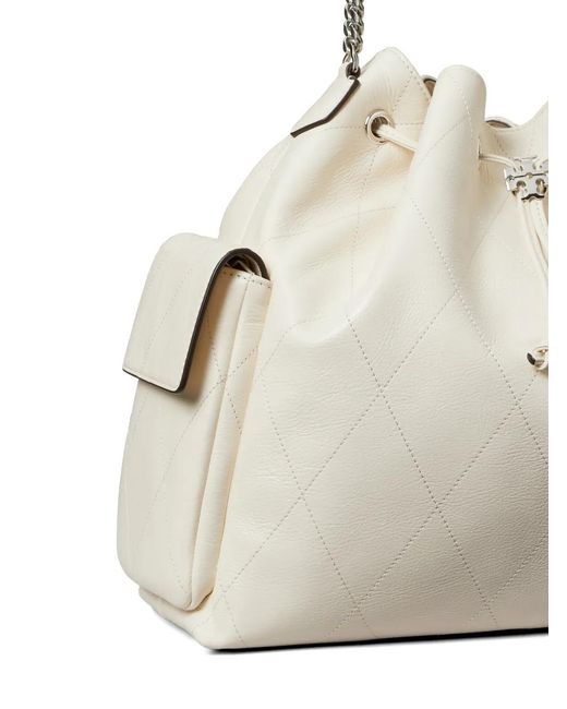 Tory Burch White Large Charlie Quilted Drawstring Shoulder Bag