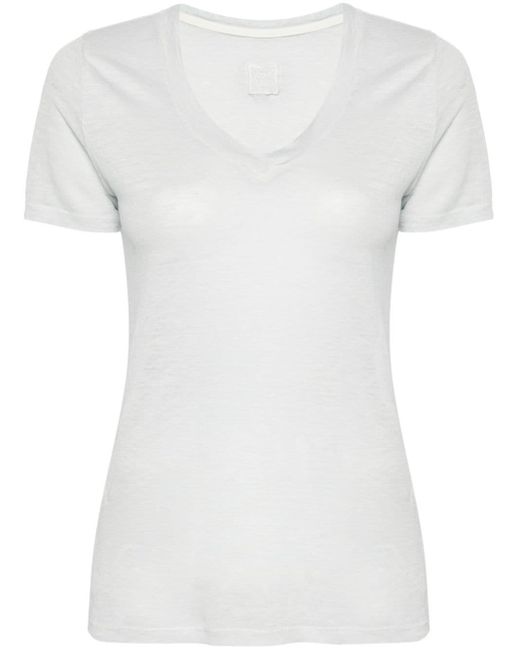 120% Lino White Leinen-T-Shirt mit V-Ausschnitt