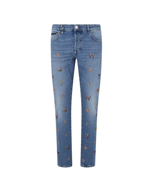 Philipp Plein Blue Embroidered Straight Jeans for men