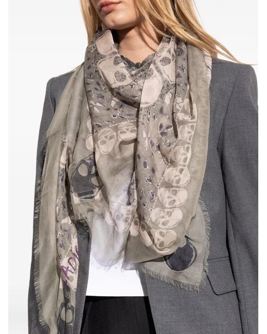 Zadig & Voltaire Gray Skull-Print Fringed Scarf
