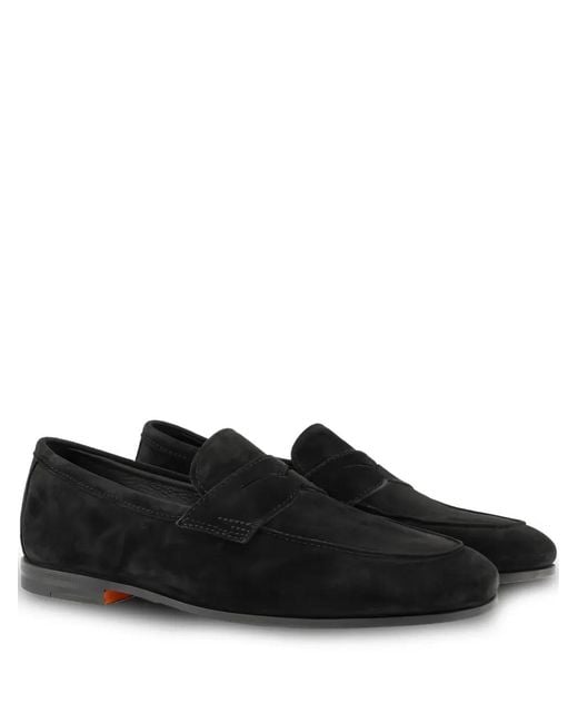 Santoni Black Flat Penny Loafers for men