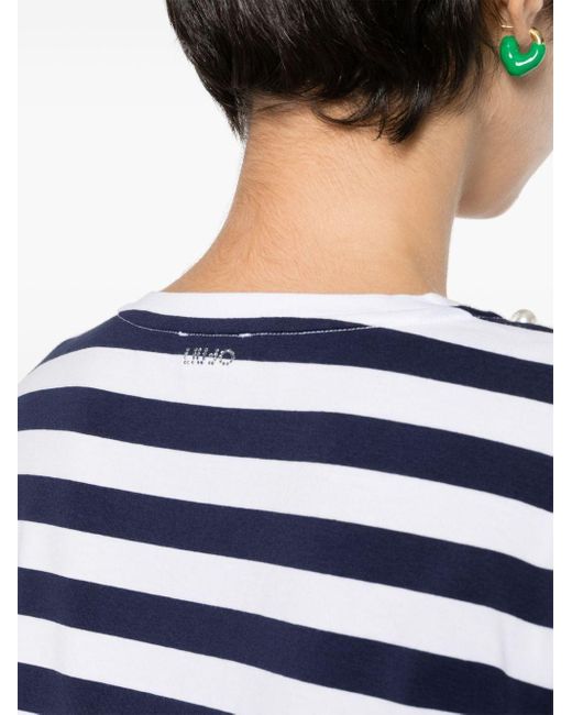 Liu Jo Blue Rhinestone-logo Striped T-shirt