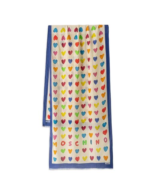 Moschino White Heart-Print Logo-Lettering Scarf