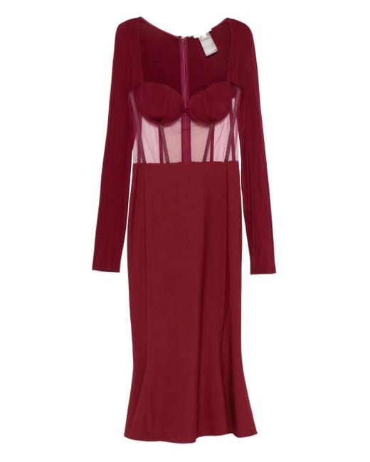 Nensi Dojaka Red Mesh-Panel Midi Dress