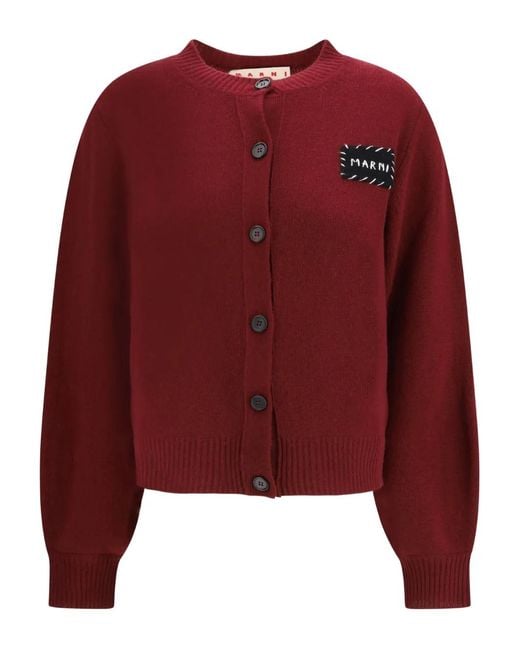 Marni Red Button-Fastening Cardigan With Logo Patch