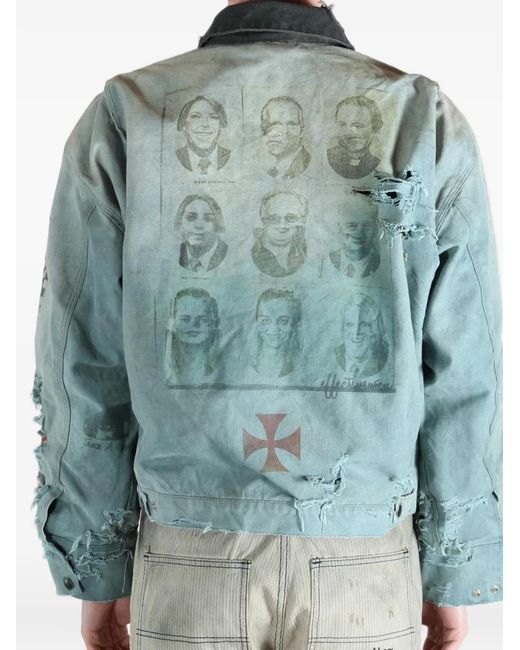SAITOS Blue Distressed Graphic-Print Work Jacket for men