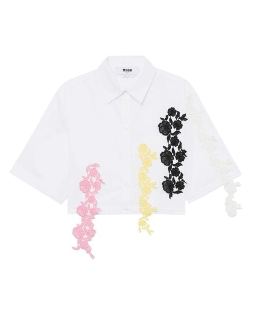MSGM White Hemd mit Blumenapplikation