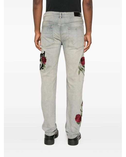 Amiri Gray Rose-Embroidered Distressed Jeans for men