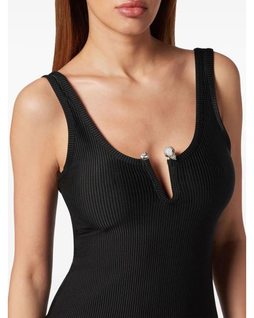 Philipp Plein Black Metallic Skull Detail Ribbed Midi Dress