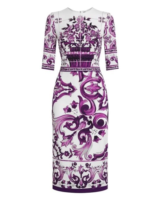 Dolce & Gabbana Purple Midikleid Mit Maiolica-Print