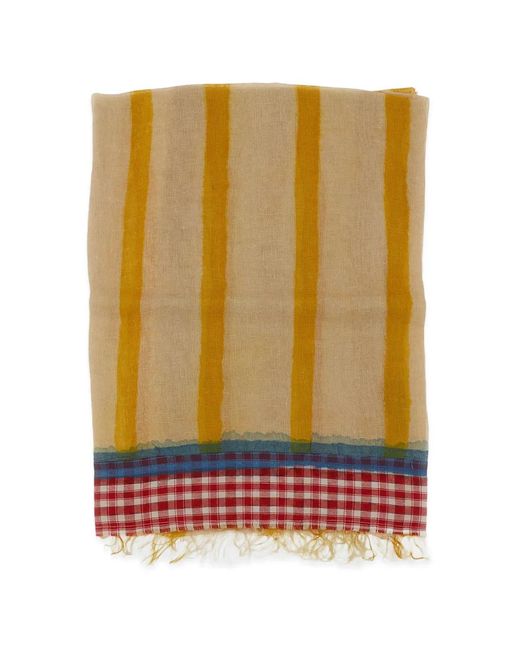 Exquisite J Natural Stripe-Pattern Gingham-Trim Scarf