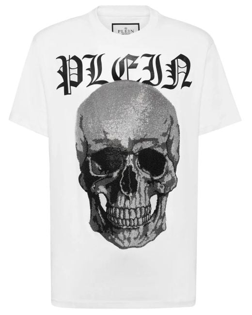 Philipp Plein White Crystals Skull Cotton T-Shirt for men