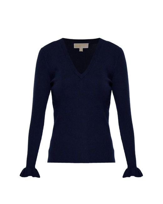MICHAEL Michael Kors Blue Ruffled V-Neck Sweater
