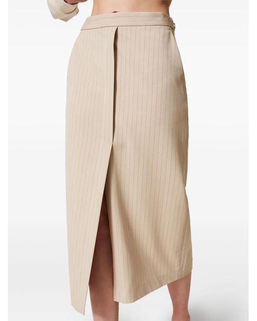 Twinset Natural Front-Slit Pinstripe Midi Skirt