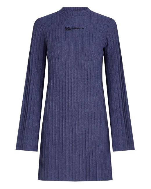 Karl Lagerfeld Blue Ribbed High-Neck Dress
