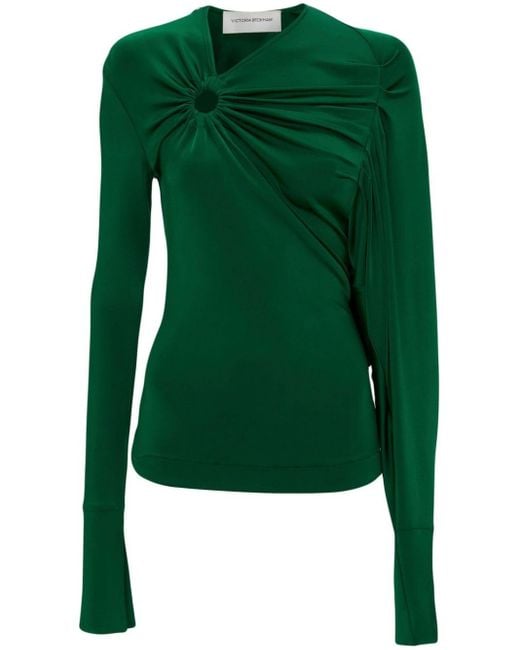 Victoria Beckham Green Long-sleeve Gathered-detail Top