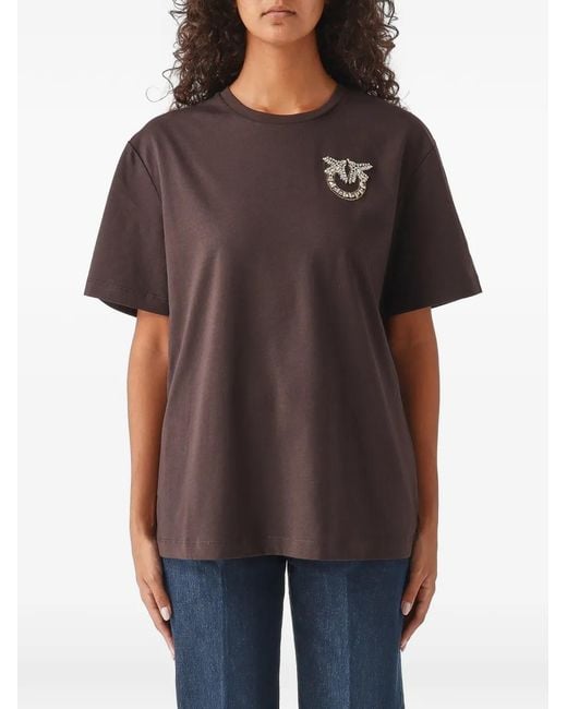 Pinko Brown Love Birds Crystal-Embellished T-Shirt