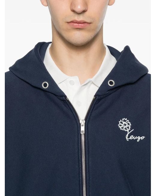 KENZO Blue Flower-Embroidered Zip-Up Hoodie for men