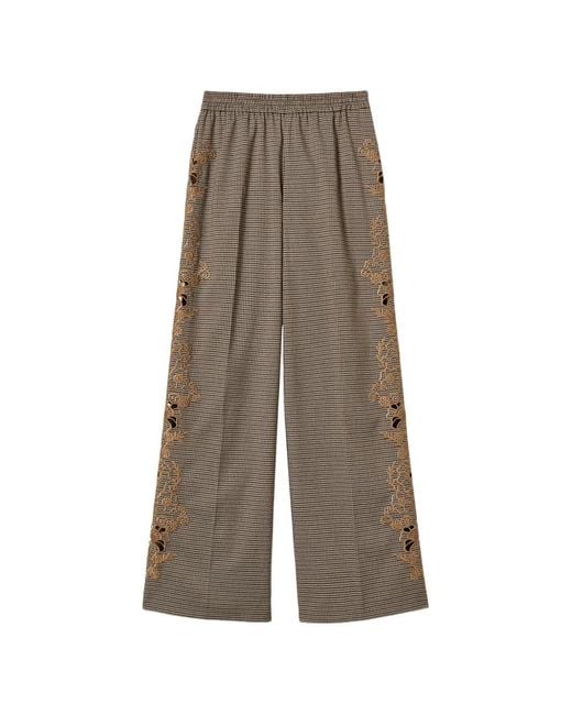 Twinset Brown Houndstooth Palazzo Trousers With Embroidery
