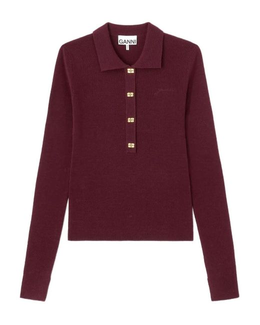 Ganni Purple Buttoned Collared Knitwear