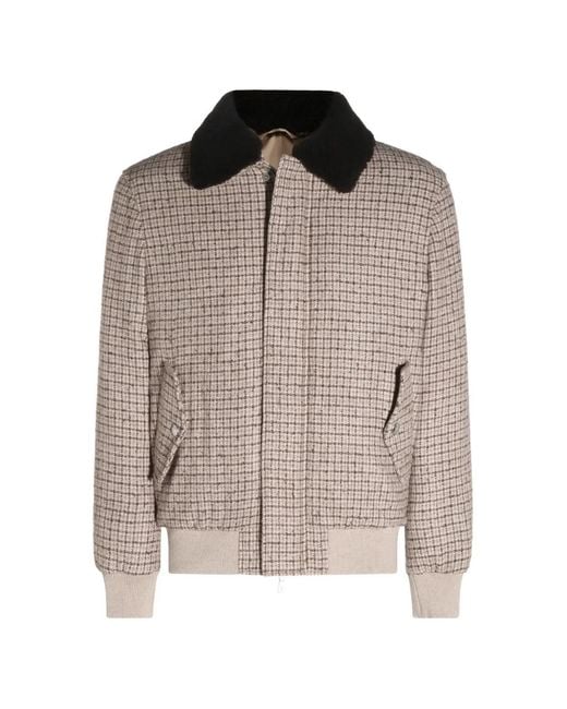 Eleventy Brown Checked-Pattern Shearling-Collar Jacket for men