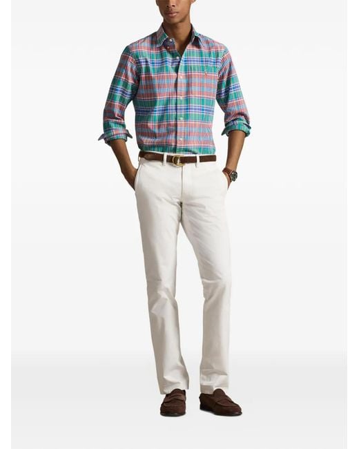 Polo Ralph Lauren Blue Plaid-Pattern Logo-Embroidered Shirt for men