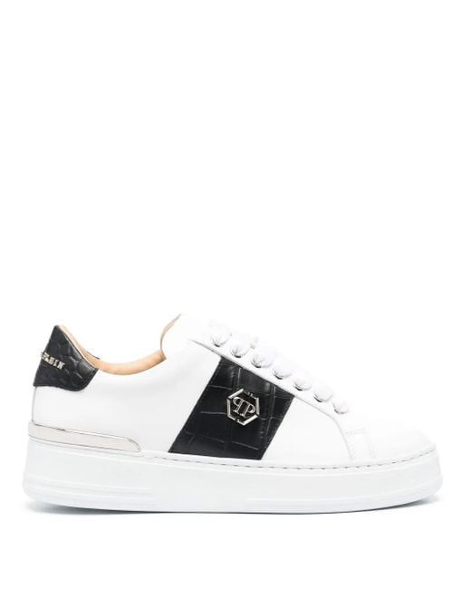 Philipp Plein White Leather Logo-Plaque Sneakers