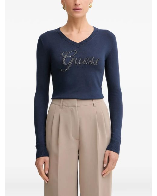 Guess Blue Crystal-Embellished Logo-Print Sweater