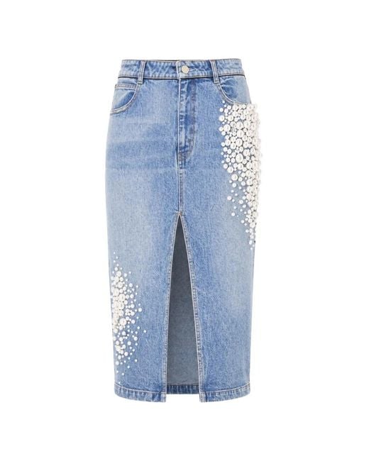 Hellessy Blue Faux-Pearl Embellished Denim Midi Skirt