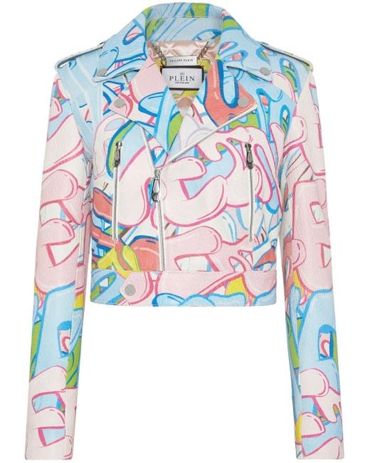 Philipp Plein Blue Graffiti-Logo Cropped Leather Biker Jacket