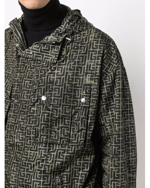 Balmain Green Repeat-Logo Parka for men
