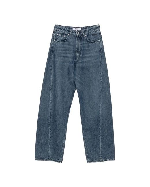 MSGM Blue Logo-Patch Wide-Leg Jeans