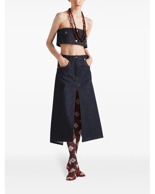 Prada Blue Denim Strapless Crop Top