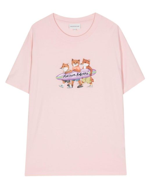 T-shirt con stampa Surfing Foxes di Maison Kitsuné in Pink