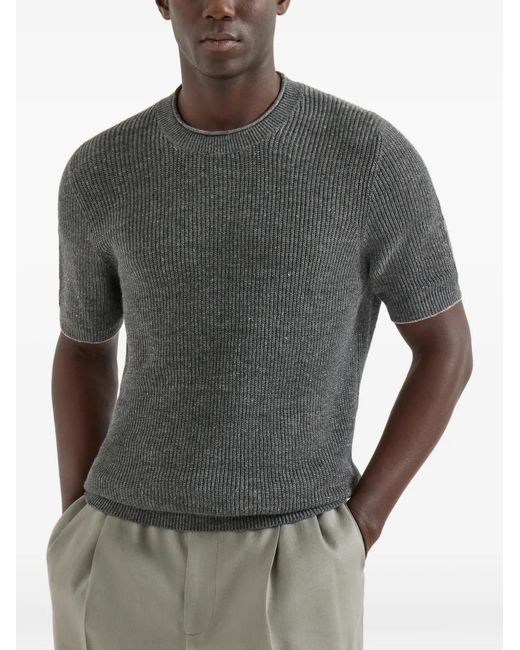 Brunello Cucinelli Gray Half English Ribbed T-Shirt for men