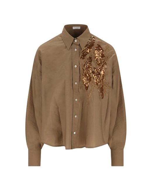 Brunello Cucinelli Brown Sequin-Embellished Shirt