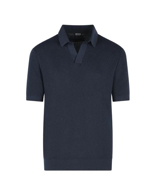 Zegna Blue Polo With Jacquard Knit And Ribbed Details for men