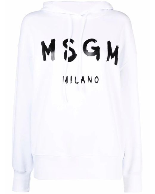 MSGM White Logo-Print Cotton Hoodie