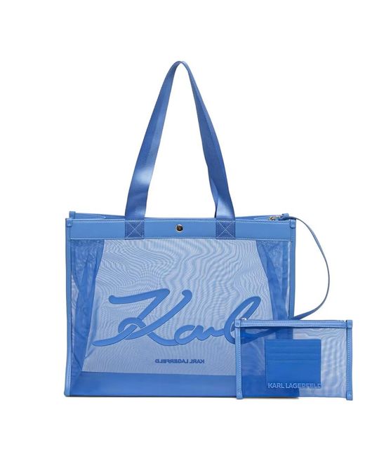 Karl Lagerfeld Blue Mesh Logo-Patch Tote Bag