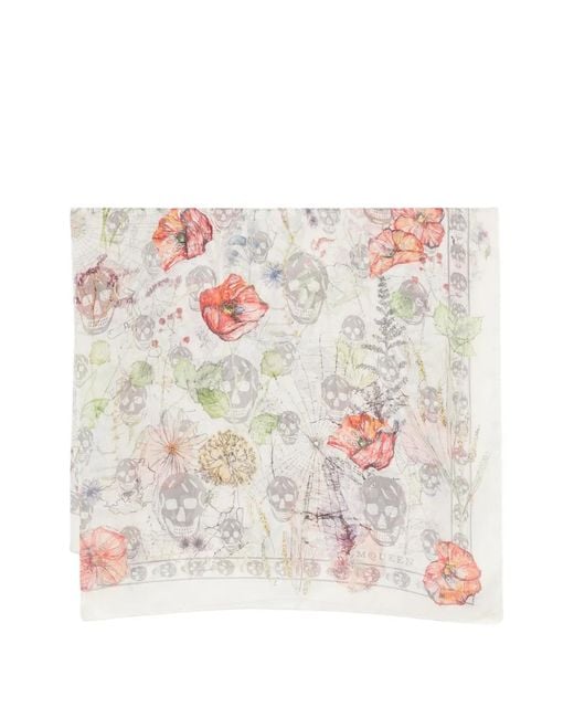 McQueen White Skull Floral-Print Scarf