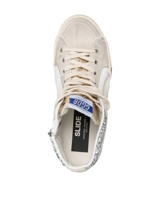 Golden Goose Deluxe Brand White Slide Sneakers With Upper In Laminated Leather And Silver Glitter