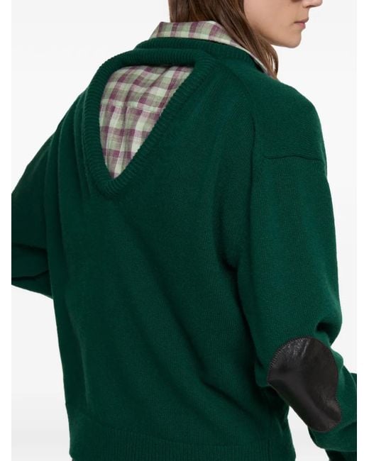 Acne Green V-Neck Leather-Patch Sweater