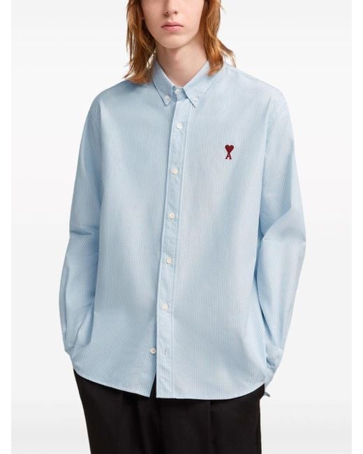 AMI Blue Logo-embroidered Striped Cotton Shirt for men