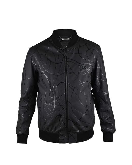 Philipp Plein Leren Bomberjack Met Python-Effect in het Black voor heren