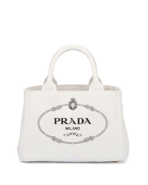 Prada Logo-print Canvas Tote Bag in White | Lyst UK