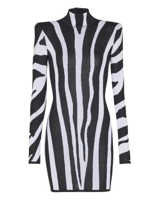 Balmain Black Short Knit Dress With Zebra Intarsia