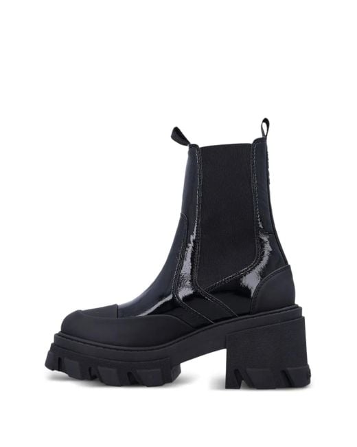 Ganni Black Patent-Leather Cleated Chelsea Boots