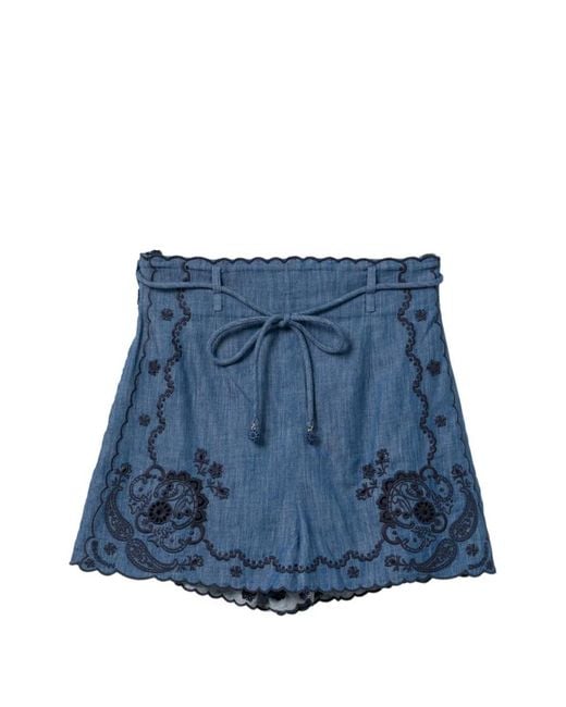 Zimmermann Blue Embroidered Scalloped-Edge Shorts