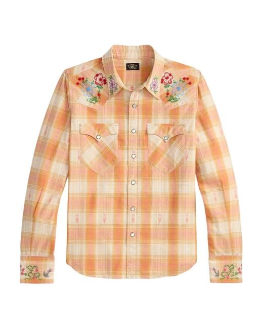 RRL Orange Plaid Embroidered Shirt