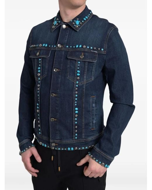 Dolce & Gabbana Blue Embellished Studded Denim Jacket for men